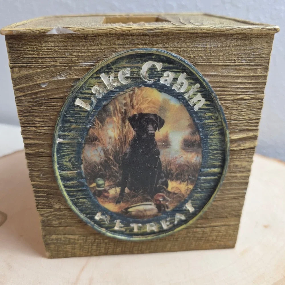 Rustic Lodge Wildlife Tissue‎ Box Cover Resin Faux Wood Deer Duck Dog Cabincore